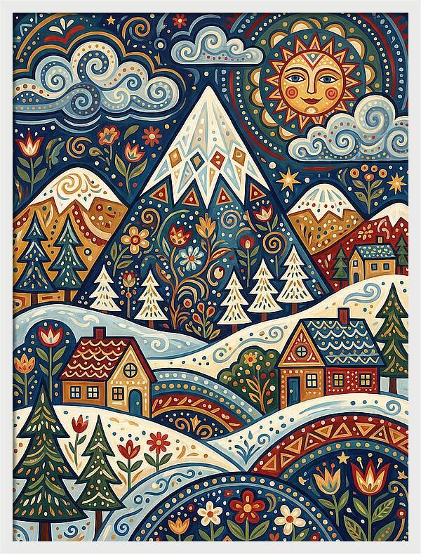 Snowy Mountain Village Scene
