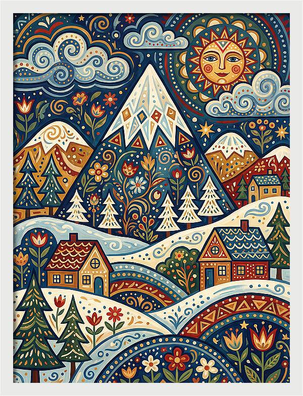 Snowy Mountain Village Scene