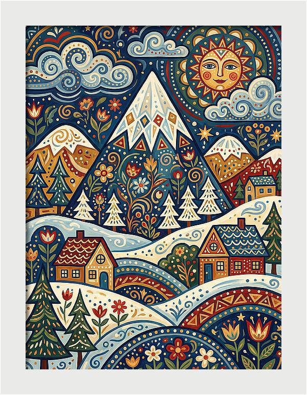 Snowy Mountain Village Scene