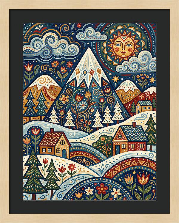 Snowy Mountain Village Scene