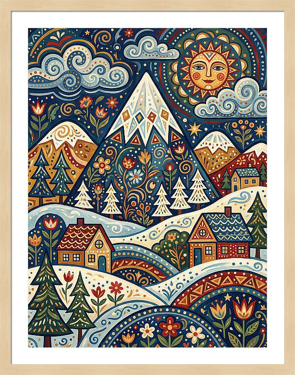 Snowy Mountain Village Scene