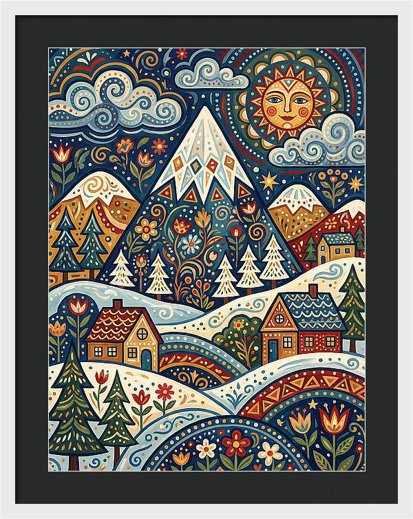 Snowy Mountain Village Scene