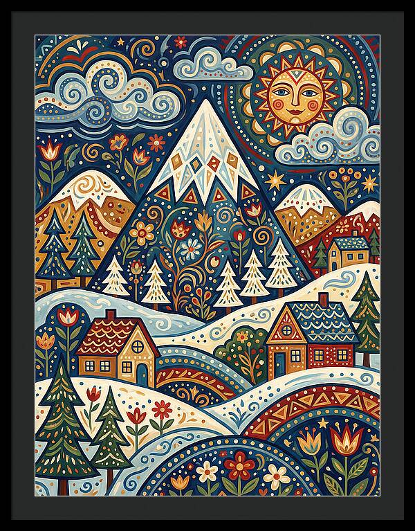 Snowy Mountain Village Scene