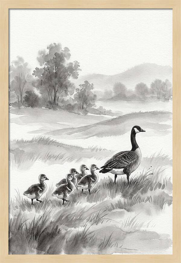 Spring Goslings Following Mother