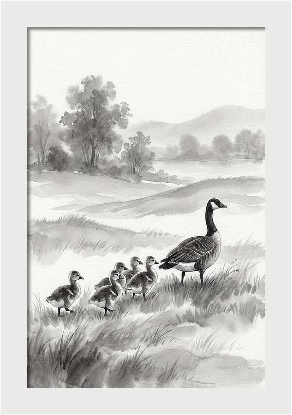 Spring Goslings Following Mother