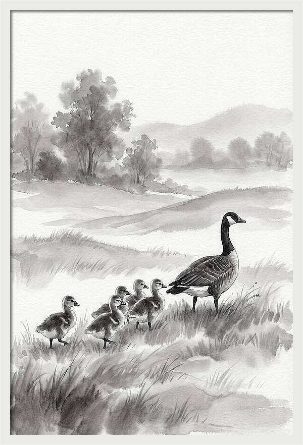 Spring Goslings Following Mother