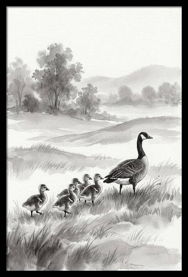 Spring Goslings Following Mother