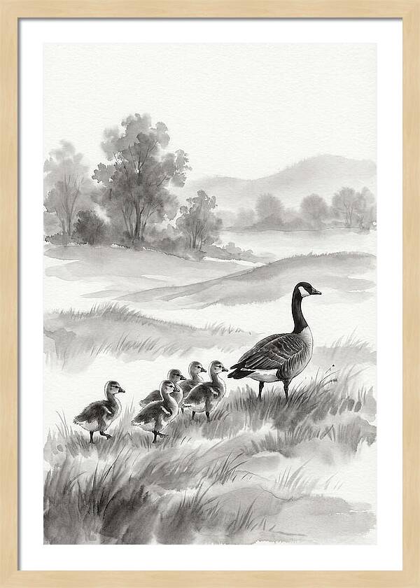 Spring Goslings Following Mother