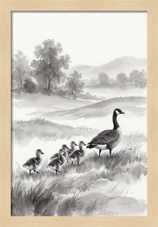 Spring Goslings Following Mother