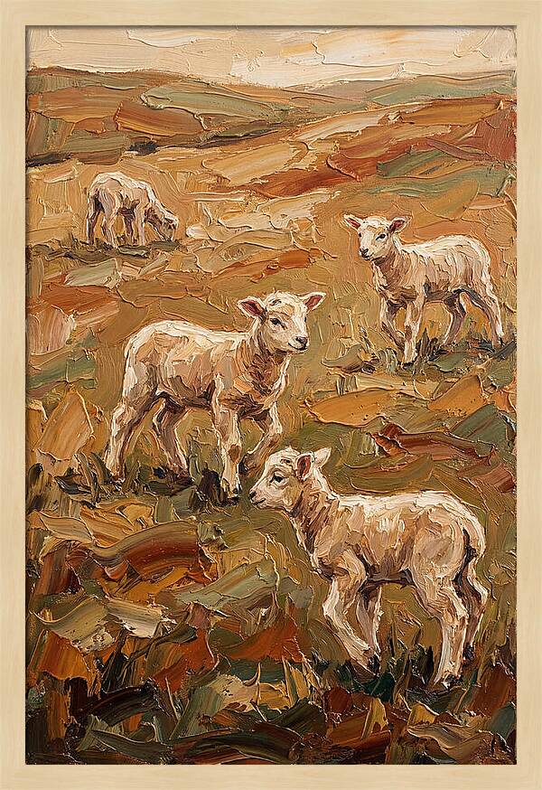 Spring Lambs Playing In Fresh Green Pasture