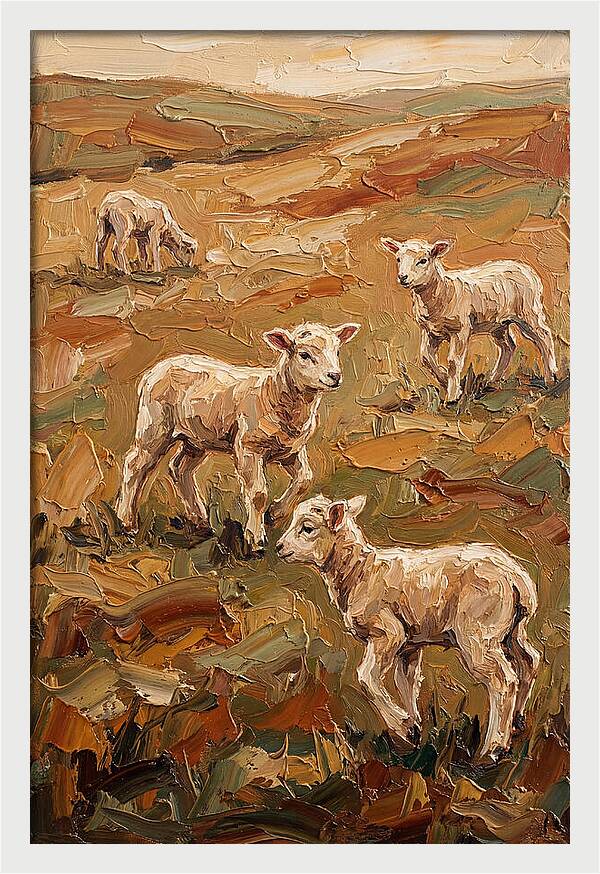 Spring Lambs Playing In Fresh Green Pasture