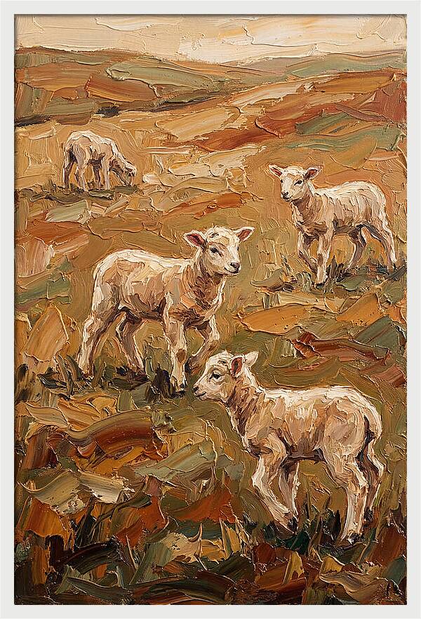 Spring Lambs Playing In Fresh Green Pasture