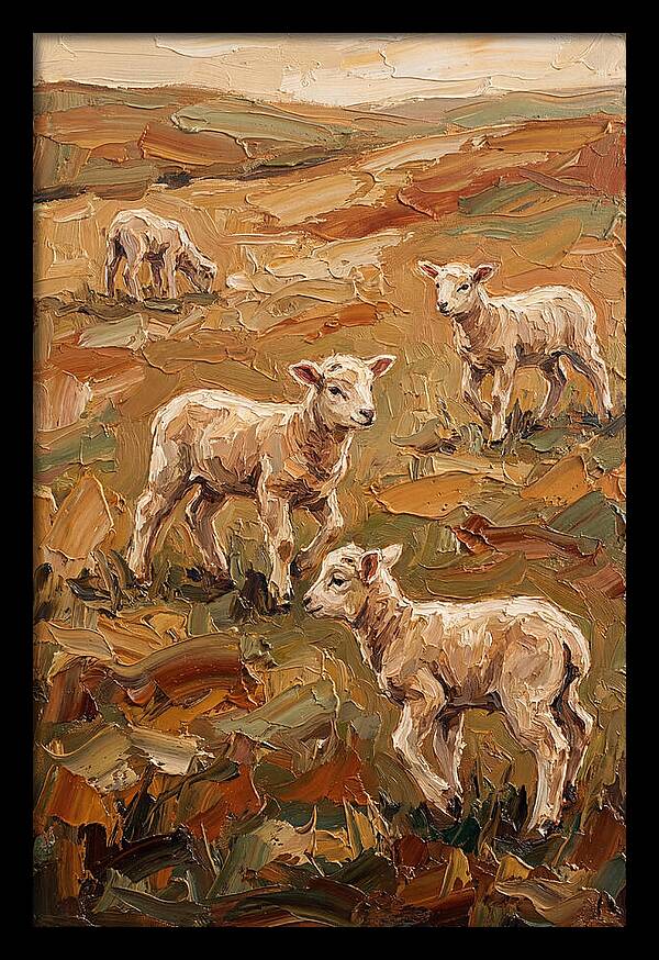 Spring Lambs Playing In Fresh Green Pasture