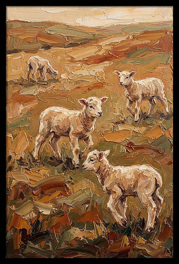 Spring Lambs Playing In Fresh Green Pasture