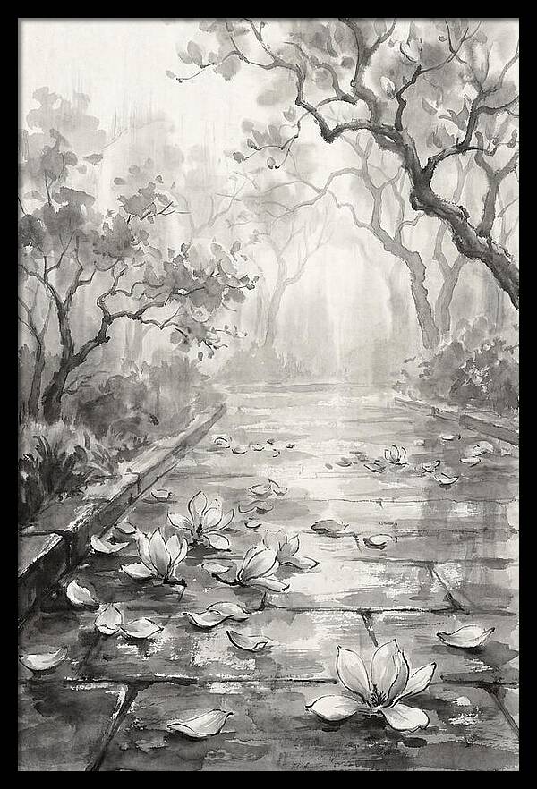 Spring Magnolia Petals Fallen On Wet Stone