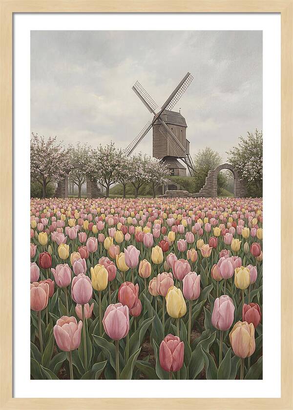 Spring Tulip Field With Windmill