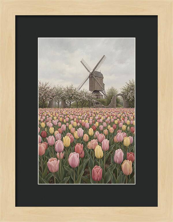 Spring Tulip Field With Windmill