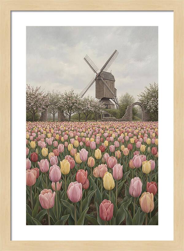 Spring Tulip Field With Windmill