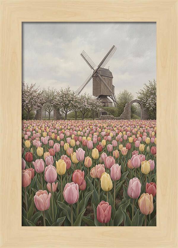 Spring Tulip Field With Windmill
