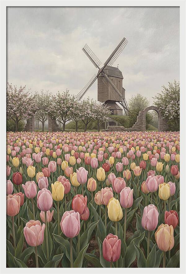 Spring Tulip Field With Windmill