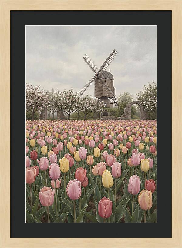Spring Tulip Field With Windmill