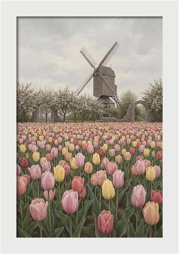 Spring Tulip Field With Windmill
