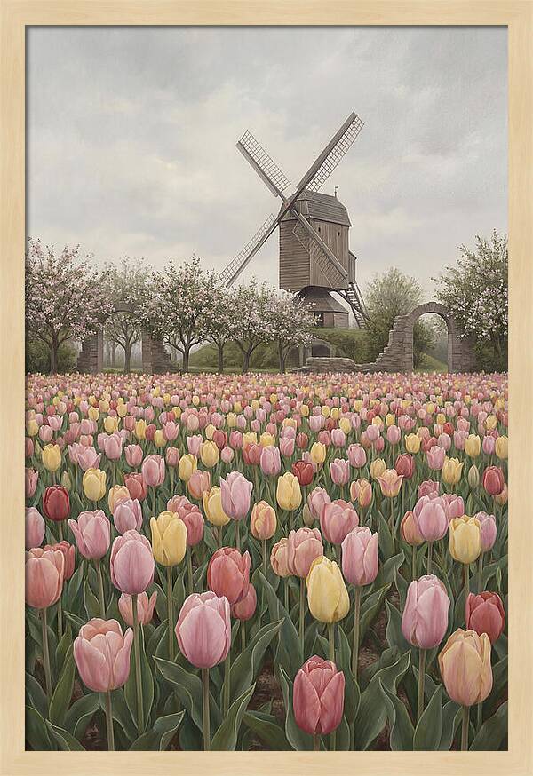 Spring Tulip Field With Windmill