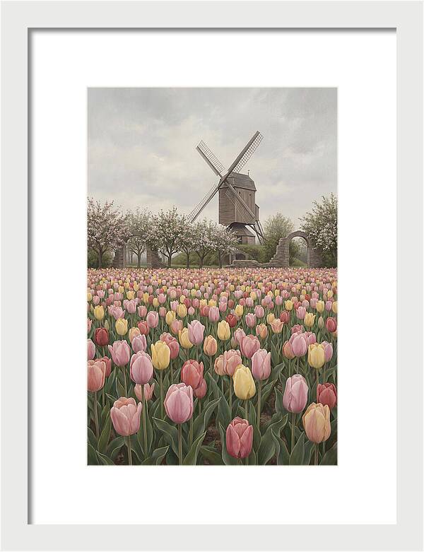 Spring Tulip Field With Windmill