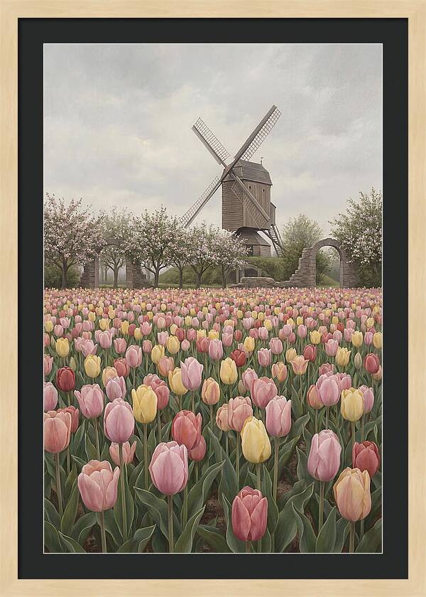 Spring Tulip Field With Windmill