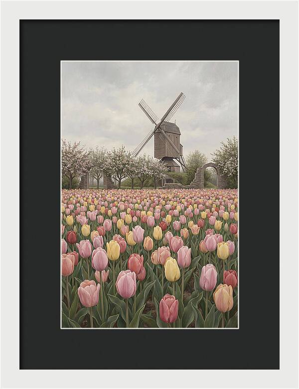 Spring Tulip Field With Windmill
