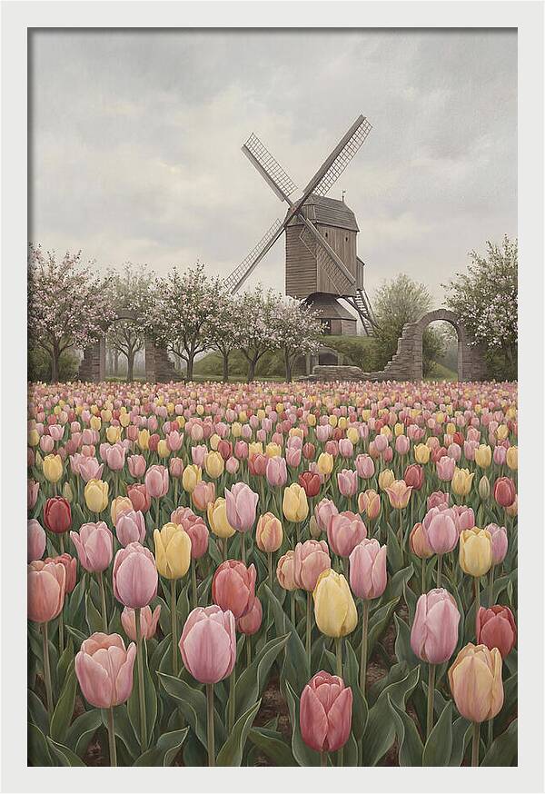 Spring Tulip Field With Windmill