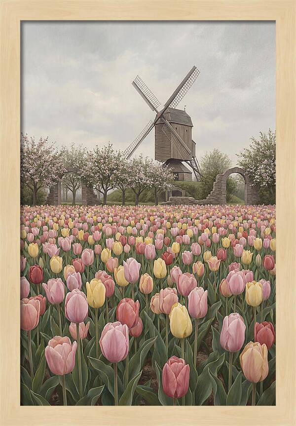 Spring Tulip Field With Windmill
