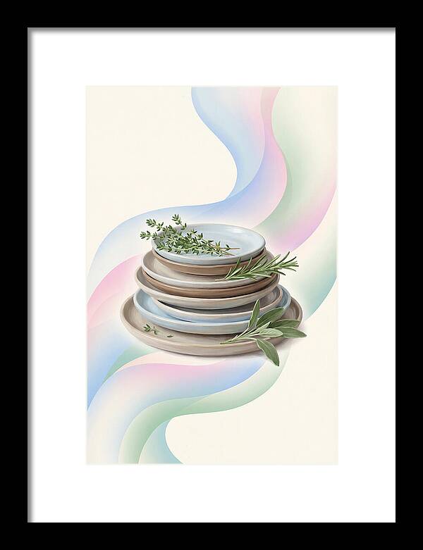 Stacked Stoneware Plates With Herbs