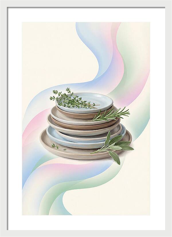 Stacked Stoneware Plates With Herbs