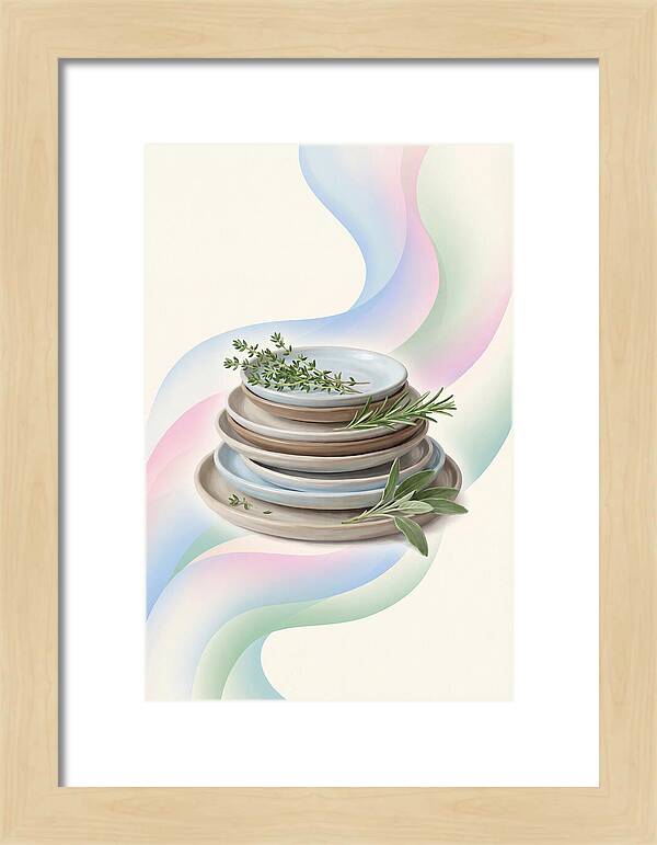 Stacked Stoneware Plates With Herbs