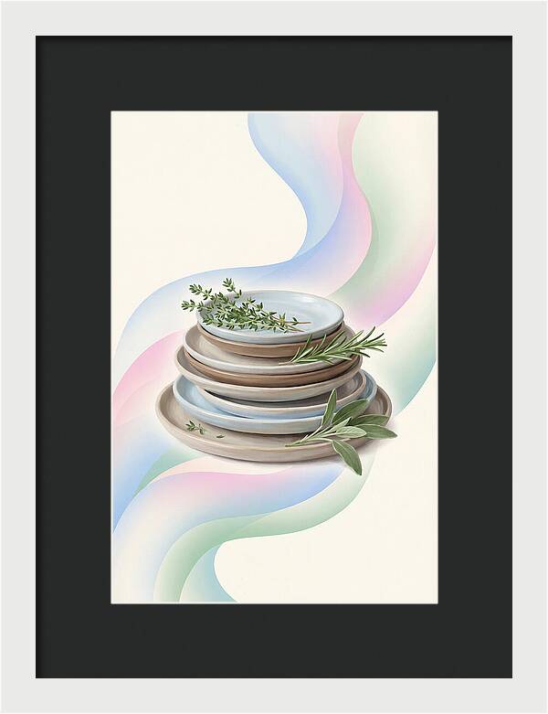 Stacked Stoneware Plates With Herbs