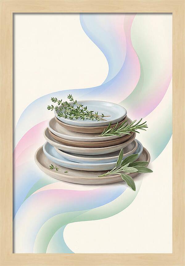 Stacked Stoneware Plates With Herbs