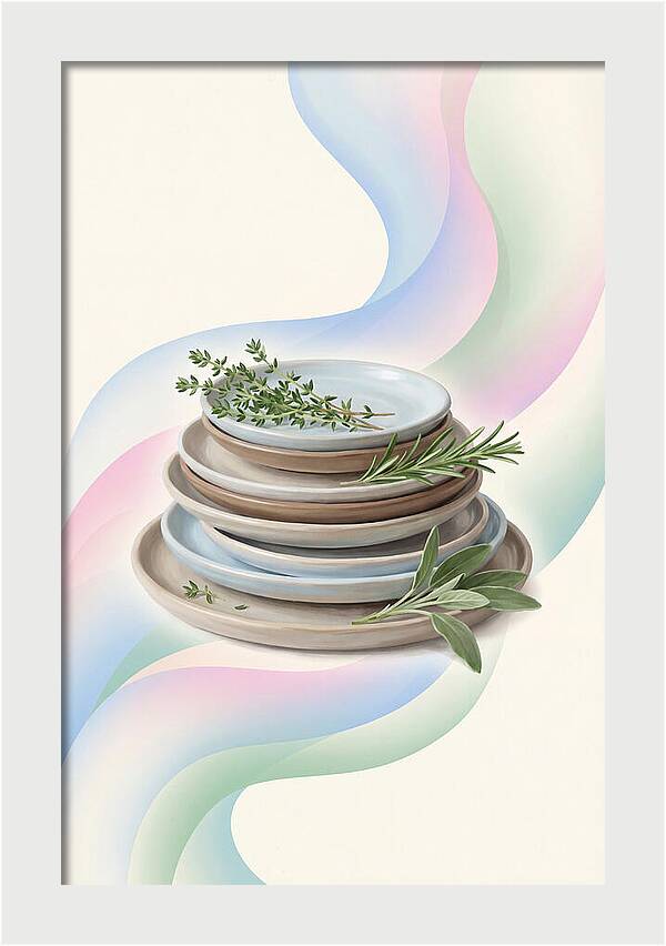 Stacked Stoneware Plates With Herbs