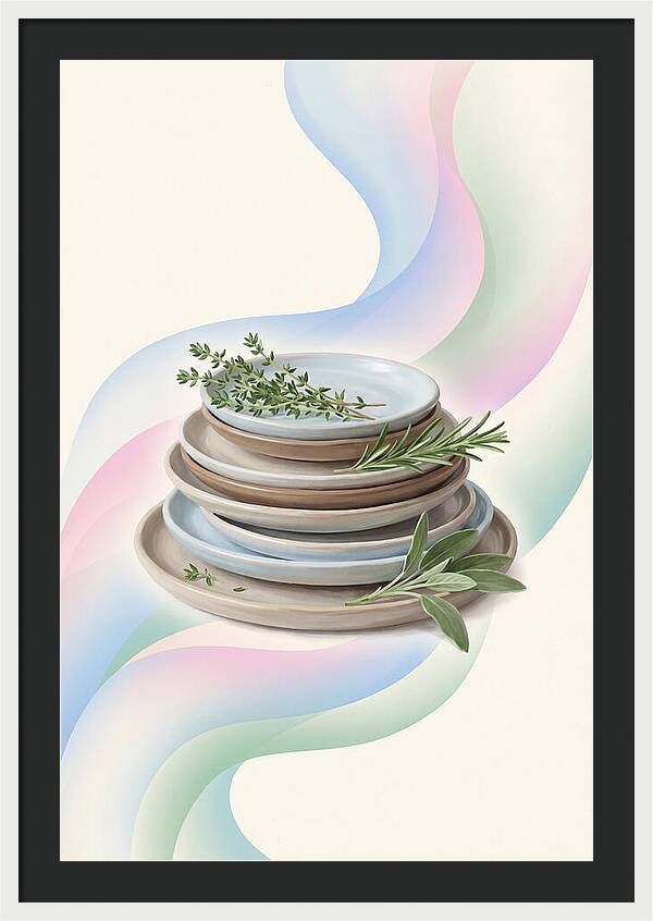 Stacked Stoneware Plates With Herbs