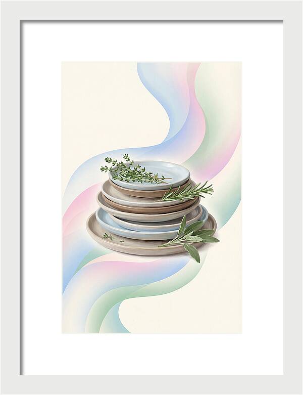 Stacked Stoneware Plates With Herbs