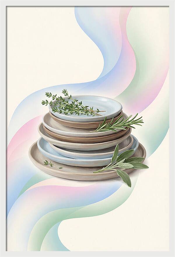 Stacked Stoneware Plates With Herbs