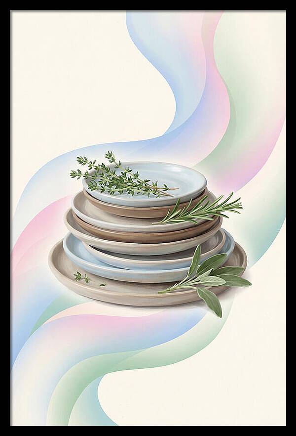 Stacked Stoneware Plates With Herbs