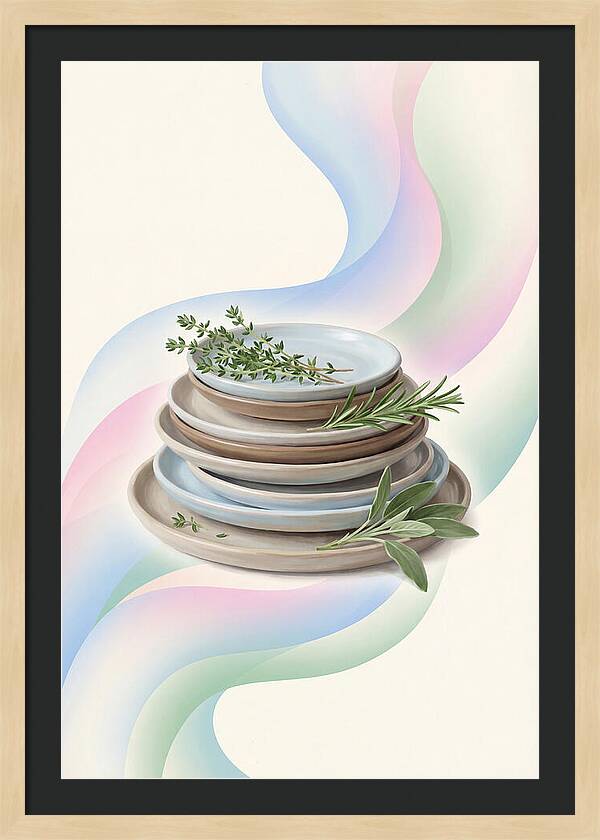 Stacked Stoneware Plates With Herbs