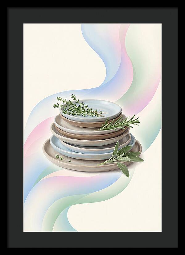 Stacked Stoneware Plates With Herbs