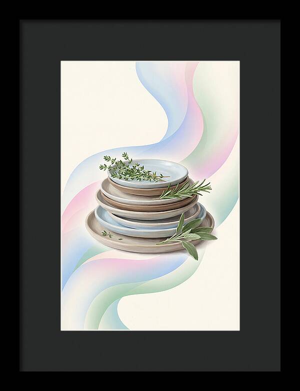 Stacked Stoneware Plates With Herbs