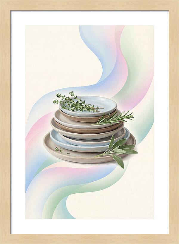 Stacked Stoneware Plates With Herbs