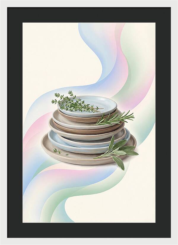 Stacked Stoneware Plates With Herbs