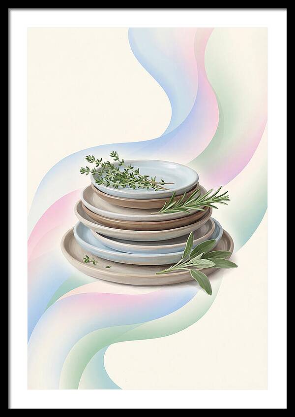 Stacked Stoneware Plates With Herbs