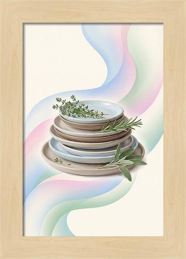 Stacked Stoneware Plates With Herbs