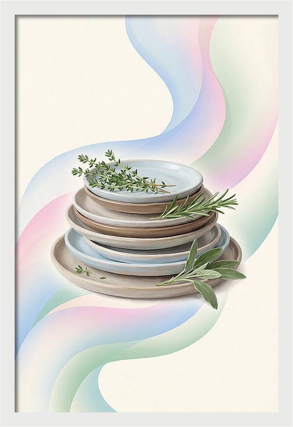 Stacked Stoneware Plates With Herbs